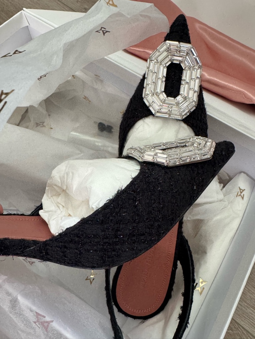 Amina Muaddi Camellia Slingback Pointed-Toe Heels with Crystal Buckle - Picture 9 of 10